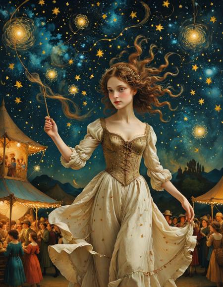 (by Leonardo da Vinci and by Anna Mary Robertson Moses:1.5), (A feywild carnival, twirling magically, whimsical, enchanting, under a starry sky.:0.5)