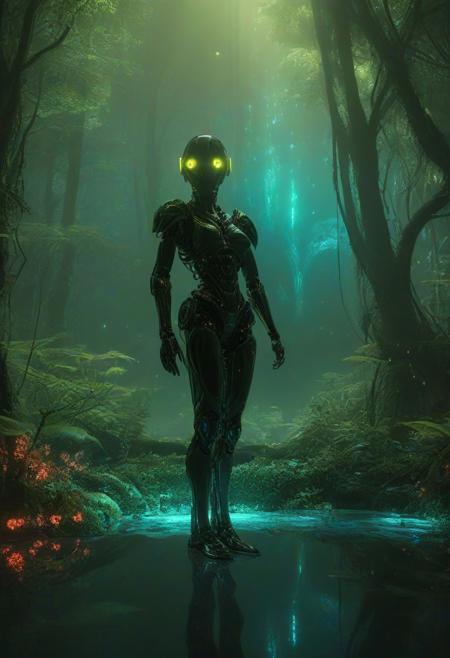 Ultrarealistic. sharp focus, dynamic lighting. play of light, reflection, refraction, Raytracing, Ultra detailed. Alien themed. Alien scenery. alien scenery background. alienworld. A gorgeous female robot in an alien forest. surrounded by ice.enchanting, cosmic, celestial, ethereal, vibrant flora, magical, luminous, serene, dreamy, radiant, bioluminescent, intricate details, surreal, enchanted forest