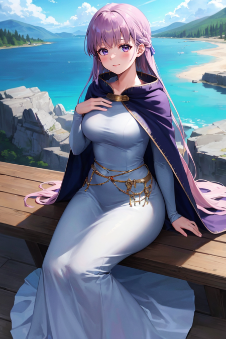 (highly detailed:1.3),
sophia fe, blush, smile, rocky mountains, blue sky, lake, ribbon, sitting, full body, hand on own chest, 
Ultra-detail,(highres:1.1),best quality,(masterpiece:1.3),cinematic lighting,
, <lora:Sophia_FEv2:0.8>