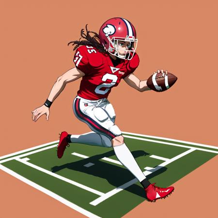 anime magical girl playing American football wearing full football uniform, long flowing hair, eyeblack, football helmet, kinetic action, cartoonish, anime style, hand drawn, cute, beautiful, perfect face, perfect hands, football object, feminine, womanly, ladylike,