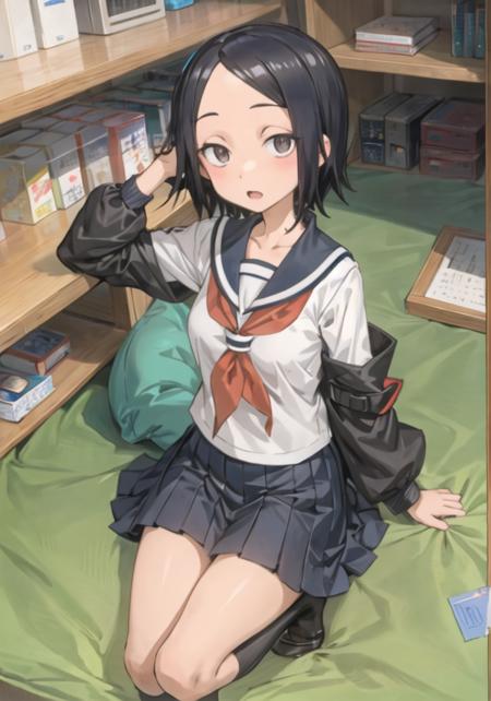 1girl, sanae_tsukimoto, black hair, short hair, black eyes, forehead, school uniform, sailor collar, serafuku <lora:sanae_tsukimoto:0.8> <lora:add_detail:0.3>