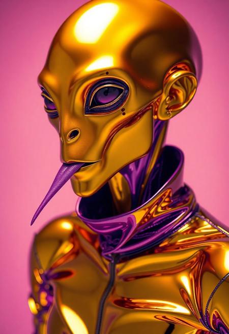 abstract male alien model in chrome latex shiny full body outfit  avant-garde style with reflective gold and purple bold Color Scheme   He has a small nose and slim mouth with a long tongue