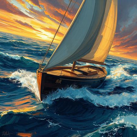 Masterpiece, best quality, ultra-detailed, 8K. Painted in a rich, expressive painterly style with bold, rough brushstrokes that emphasize the energy and movement of the scene. Extreme+ up_close+++ shot of a sleek, swift antique oiled wood sailboat cutting through the open ocean, its streamlined hull gleaming like polished obsidian with runic Japanese script lettering the hull. The sails, made of striking white and gold fabric, billow powerfully in the wind, catching the golden light of the setting sun. The ocean waves surge beneath in deep shades of midnight blue and vivid teal, with whitecaps breaking into mist as the bow slices through the water. The sky is a swirl of electric oranges and purples, streaked with wind-swept clouds. The brush strokes are loose yet intentional, capturing the chaotic beauty of the rushing waves, the tension of the sails, and the shifting light across the ocean’s surface. The whole image shimmers with motion, as if each stroke breathes life into the wind and sea. Dynamic composition, impressionistic, dramatic lighting, cinematic perspective. DB4RZ, DB4RZ style painting, Anime art