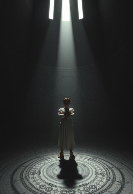 A solitary figure stands motionless in a dimly lit cathedral-sized chamber, the atmosphere charged with introspection and tension. The walls are adorned with expansive graphite-like symmetrical patterns, echoing the figure’s inner turmoil. The floor beneath them is covered in fine, circular grooves and hand-drawn spirals, suggesting countless hours of meditative repetition. Their silhouette is sharply contrasted by the diffused ambient light seeping in from narrow slits high above, casting long radial shadows. Clad in a minimalistic, modern garment with clean folds and strategic pleats, the figure’s posture is one of quiet resistance—arms crossed, gaze downward, lost in thought. The camera angle is high and slightly tilted, giving a voyeuristic sense of detachment and analysis. Dust particles hang in the air, caught in the shafts of light, adding to the stillness. The emotional tone is stark, controlled, yet profoundly human, where every detail of the environment serves as a psychological map of their internal conflict. Highly realistic textures and lighting are emphasized, bringing out the grain of the graphite, the subtle fibers in clothing, and the cold touch of the architectural space.