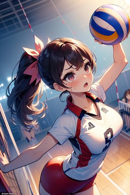 volleyball multiple girls jumping chest out raise head raise shoes legs up sportswear wind  night crowd stadium cinematic light