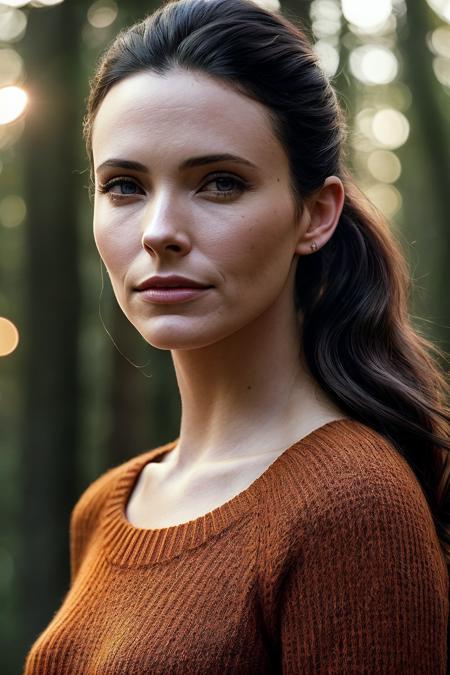 perfect cinematic shoot of a beautiful woman (EP3l1z4b3thTull0ch:.99), a woman standing at a forest edge, perfect high ponytail, wearing sexy orange (sweater), (eclipse in background:1.2), (detailed background:1.1), (face focus), modelshoot style, (extremely detailed CG unity 8k wallpaper), professional majestic (photography by Roberto Ferri:1.1), 24mm, exposure blend, hdr, extremely intricate, High (Detail:1.1), dramatic, soft cinematic light, (looking at viewer), (detailed pupils),8k, highly detailed, rich environment, 4k textures, soft cinematic light, elegant, ((((cinematic look)))), soothing tones, insane details, hyperdetailed, ("In Jernau we trust!":1.1)