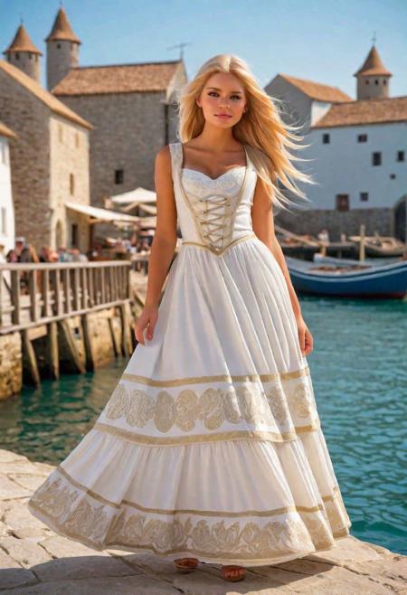(masterpiece, best quality), 1girl 24yo, in a medieval seaside hamlet, (intricate medieval dress:1.3), outdoors by the pier of a small medieval village, boats with white sails, intricate detail, sunlight, ultra realistic,
celestine lucullus