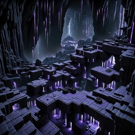 deep dark underground cave, pitch black, a crowded technobrutalist sprawling multi-level Drow city deep inside a cave, multilevel gray buildings that grew out of rock, black ornate stone roofs, the cave is only lit by a few small hovering spheres of glowing purple flame, everything is made of stone, stalactites, stalagmites, 
hyperrealistic art cinematic film still photography in the style of detailed hyperrealism photoshoot, R. A. Salvatore, James Christensen, bold lines, hyper detailed, highly detailed, high budget, cinemascope, moody, epic, gorgeous, film grain, grainy, extremely high-resolution details, photographic, realism pushed to extreme, fine texture, ultra wide depth of field, deep depth of focus, wide shot, <lora:d\EnvyTechnobrutalistXL01:1>,  <lora:sss:1>, <lora:- SDXL - vanta-black_contrast_V3.0:0.1>,  <lora:glowneon_xl_v1:1>