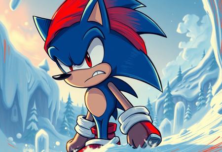 Create a high-quality digital art piece of Sonic the Hedgehog angry on a Icicle Sacrifice, inspired by Charles Fremont Conner and brushed red and blue paint. The image should be a half-body shot with a 2-color print, featuring an angry frown and a prototype design. The character should be standing, half blue, and underdeveloped, with micro details and lifelike details following the golden ratio. Incorporate elements of Hungarian style houses and apartments, ultra-detailed and intricate, inspired by Gaston Bussiere, Craig Mullins, J.C. Leyendecker, and Tom of Finland. Use high-quality processing and hand-drawn techniques to achieve an 8k, extremely detailed effect.