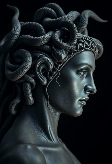 Side view, Medium shot of Medusa, beautiful, snakes at the hair, dramatic, (masterpiece, best quality, high quality), hyperdetailed, highres, intricate detail, HDR, 8k, sharp focus, realistic eyes, detailed skin texture, subsurface scattering, realistic, dark, photorealistic,