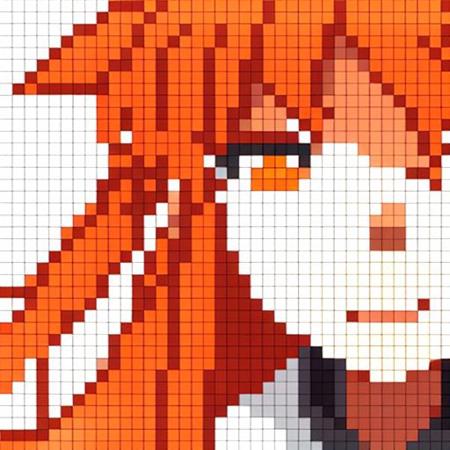 girl orange hair, white eyes, closed mouth, smile, <lora:pixelate-03:1>