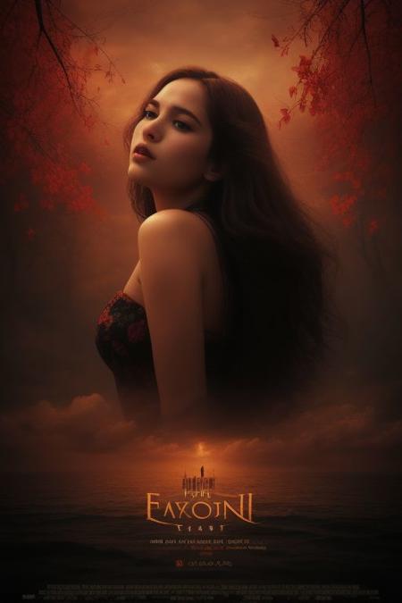 movieposter, Embrace the surreal aesthetic with hyperkraximalism as vibrant hues dance around her figure, evoking the fluidity of water and the gentle sway of leaves. In this medium portrait shot, a soft rim light gently illuminates her silhouette against a backdrop of shadow, casting an enigmatic aura. Surreal and captivating, this artwork invites viewers to explore the boundary between reality and the uncanny, where clouds merge with dreams and colors paint a film grain, closeup, medium shoot, mesmerizing  scene., cinematic Impressionism, masterpiece layout design, cinematic cloud of red smoke font design, movie poster design , 100 shade of Darkness