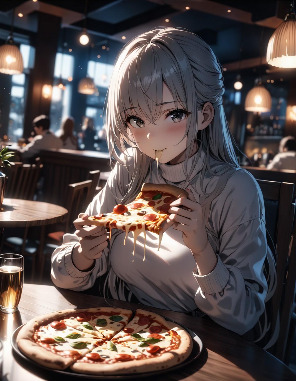 anime,1girl,white long hair,gray eyes, white shirt, long sleeves, turtleneck, sitting, looking at viewer,( eating holding ...