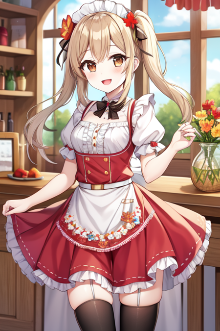 slavic dress, belt, red flower, brown eyes, white shirt, frills, :d, twintails, apron, hair flower, thighhighs