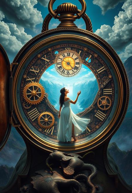 NO SUN IN THE SKY!  In the style of Salvadore Dali, Envision a surreal, top-down scene with an enormous ancient pocket watch standing upright, its cover open to reveal a magical portal glowing with mystical energy. Inside, intricate gears and finely wrought cogs interlock in a delicate dance, frozen in time. Ornate clock hands, suspended as if by magic, are etched with arcane symbols. Glowing runes pulse softly with inner light, intertwined with living vines. The scene is bathed in a bluish  ethereal glow from its center.
At the heart stands a lone figure—a young woman with porcelain skin and raven-black hair. Clad in a flowing white robe shimmering in the portal's light, she reaches out as if to touch the otherworldly aether. Her sapphire-like eyes reflect the portal's iridescent hues as she gazes into a breathtaking landscape: towering mountains, a cascading volcano, and a steaming river winding through charred forests.
The pocket watch rests on an obsidian floor, its polished surface mirroring glowing runes and distant portal light. Above, a crescent moon casts a silvery glow, while stars twinkle like distant jewels. Deep reds and blues contrast with the portal's warm light, enhanced by reflective volumetric lighting. The mood is dark, filled with adventure and wonder, drawing viewers into the hidden, magical world within the clock’s ancient mechanisms, guided by the woman's presence.