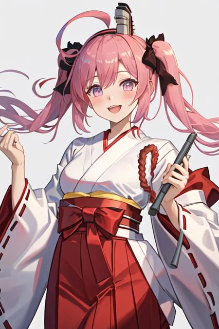 best quality, masterpiece, highres, solo, {white kimono:1.35}, {red hakama:1.35}, {wide sleeves:1.20}, {saratoga_azurlane:1.15}, pink_hair, purple_eyes, ahoge, blush, smile, twintails, ribbon, bangs, bow, long_hair, hairband, open_mouth, hair_ribbon, breasts, hair_between_eyes, hair_bow