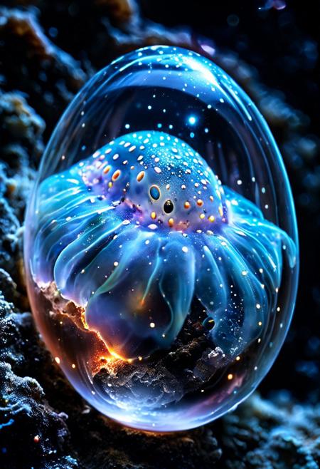Ultrarealistic. A alien inside an egg made of bioluminescent organisms in space.