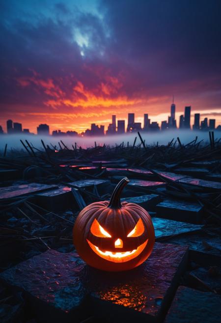 subsurface scattering, pumpkin closeup, Neon Pink/Blue sss snail, glowing halloween pumpkin, candles, infront of Sunset, , 
atmospheric haze, Film grain, cinematic film still, shallow depth of field, highly detailed, high budget, cinemascope, moody, epic, OverallDetail, 2000s vintage RAW photo, photorealistic, candid camera, color graded cinematic, atmospheric lighting, imperfections, natural, shallow dof
Abstract illustration, surreal fractured landscape, twilight sky with deep indigo to fiery orange gradient, towering geometric shapes resembling shattered glass and steel beams, inner light glowing within structures, dark polished surface reflecting light, ethereal swirling fog in muted purples and blues, vibrant golds and reds in the distance, bursts of light and shadow creating dynamic contrast, white beam of light piercing the sky symbolizing memory and hope, abstract expressionism and digital futurism hybrid, bold colors with intense reds, blacks, golds, and silver, light casting long stretched shadows, broad sweeping brushstroke textures enhanced with digital precision, mist swirling at the base of the scene, radiant sky evoking reflection and honor, powerful and dramatic atmosphere, emotional tribute to 9/11 without banality or figures.