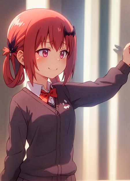 satanichia_kurumizawa_mcdowell, 1girl, solo,,hair bow,  <lora:satanichia_v1:0.8>, blue_sky, solo, sky, smile, school_uniform, short_sleeves, upper_body, day, shirt, window, sweater_vest, (red bow:1.25), (hair ornament:1.25), (illustration:1.1),(best quality),(masterpiece:1.1),(beautiful and clear background:1.25),(extremely detailed CG unity 8k wallpaper:1.1), (colorful:0.9),(depth of field:0.75)