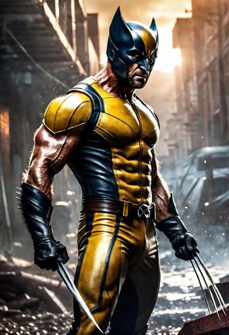 High resolution ultra-realistic of Beautiful Wolverine/Logan, cinematic lighting, Marvel style, Wolverine stand side by side in battle pose on a bloody and stormy battlefield, 8k, realistic modern Wolverine X-Men yellow and black combat costume, gazing straight ahead, dirty face, realistic brown eyes, full body, ultra realistic, cinematic style, athletic figure, day lighting, sharp focus, digital painting, Photograph Taken on Nikon D750, Alphonse Mucha, Hyperdetailed, hyperrealism, aesthetics reminiscent of X-Men, Attractive, asymmetric balance