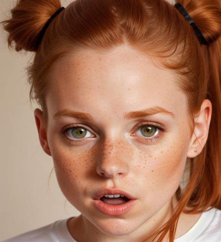 photo,8k,sharp focus,beautiful woman,close up,t-shirt,(detailed eyes:0.8),(looking at the camera:1.4),(highest quality),(best shadow),brown eyes,rim lighting,two tone lighting,dimly lit,low key,intricate details,interior,ponytails,ginger hair:1.3,open mouth:0.7,freckles, <lora:HelenS:1> <lora:x4-upscaler-ema:1>