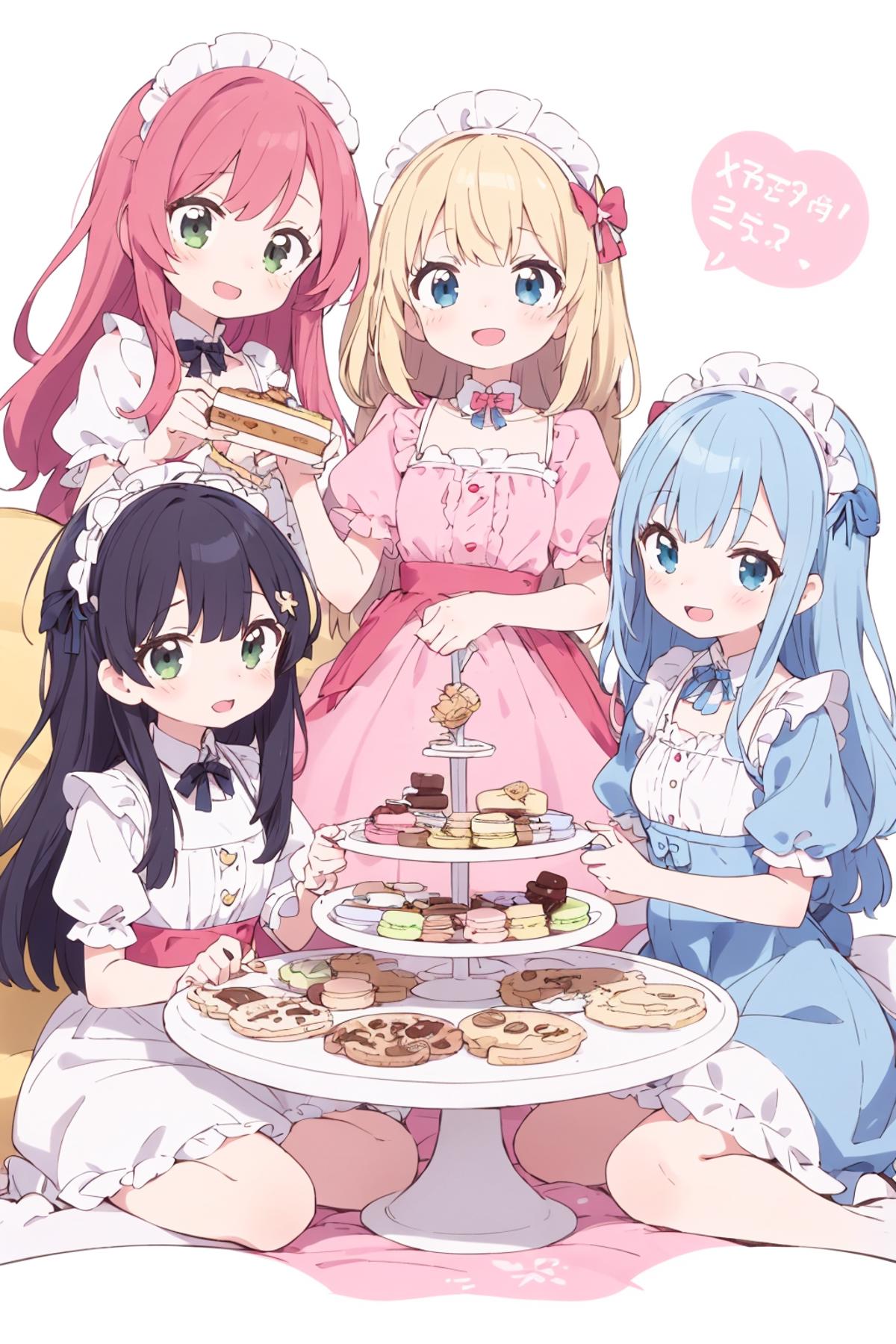 A group of four girls dressed in pink and blue dresses, standing around a table filled with various types of cookies.