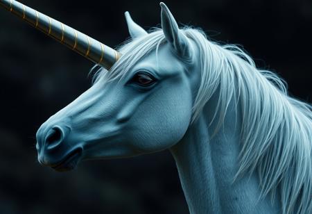 cinematic, a picture of a unicorn, silver horn with golden lines.
