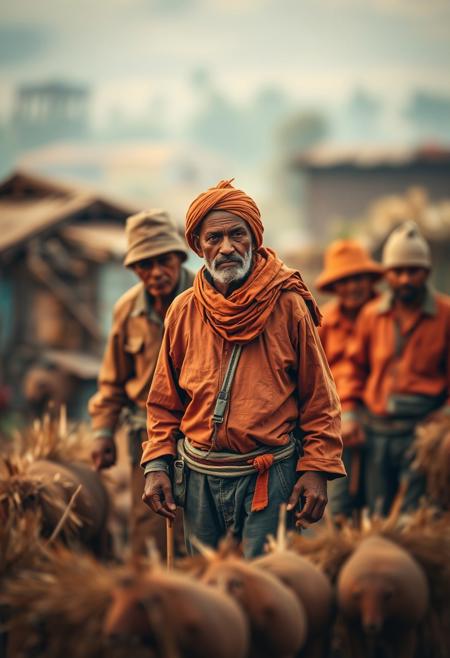 Warm terracotta and cool teal blurred bokeh, expressionist style, earthy palette, bold brushstrokes, simplified forms, robust figures, rural scene, somber mood, sharp subject focus, soft background, monumental composition, celebrating the working class.