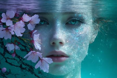 A colossal, androgynous face dissolves into a pristine alpine lake, its rippling silver surface fracturing into kaleidoscopic shards that bloom like liquid stained glass (low-angle view, face occupying 2/3 frame, dwarfed by jagged violet mountains). In the style of Salvador Dalí's dreamscapes fused with Leonid Afremov's impasto vibrancy: iridescent teal waters swirl with peacock blues and molten gold, while dawn's axial light casts prismatic halos through suspended mist. Velvet-textured cherry blossoms float atop mercury-like liquid, their petals mirroring eyelashes. Submerged clock gears glint beneath the surface, warping the reflection's jawline into cascading rubies. Air hums with chromatic aberration, skin tones shifting moss-green to coral where droplets kiss the water.