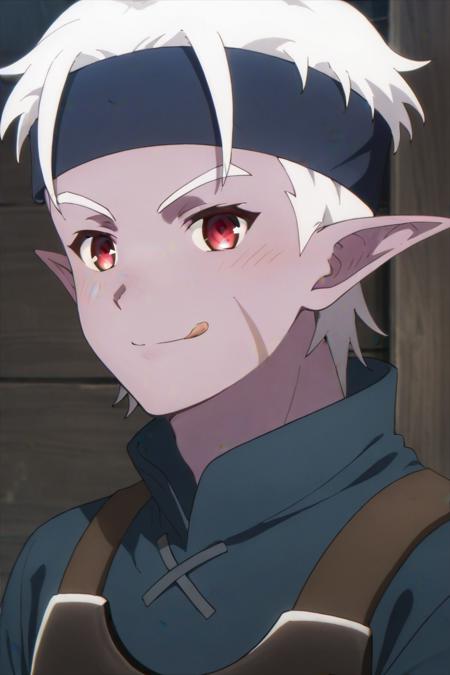 Tamm,white hair, headband,red eyes, pointy ears, scar on face,colored skin,