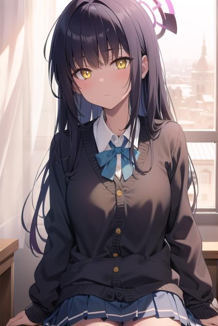 bluearchivekarin, <lyco:karin-lyco-nochekaiser:1>, 
karin, ahoge, black hair, dark skin, dark-skinned female, halo, long hair, (yellow eyes:1.5),
BREAK cardigan, neck ribbon, pleated skirt, ribbon, school uniform, skirt, blue cardigan, 
BREAK looking at viewer, 
BREAK indoors, classroom,
BREAK <lyco:GoodHands-beta2:1>, (masterpiece:1.2), best quality, high resolution, unity 8k wallpaper, (illustration:0.8), (beautiful detailed eyes:1.6), extremely detailed face, perfect lighting, extremely detailed CG, (perfect hands, perfect anatomy),