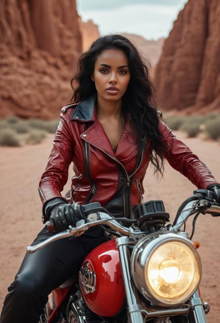 A hyperrealistic photo of a somali woman in a vibrant red leather motorcycle outfit, leaning against a red motorcycle.  The  jacketvis open showing cleavage all the way to hips, The woman, with wild black hair, has a confident, poised posture and a direct gaze, subtly evoking a sense of freedom and independence.  The setting is a vast, sun-drenched desert landscape; warm, sandy browns and rusty orange-reds are dominant colors, with towering red rock formations in the background.  The lighting is dramatic, highlighting the textures of the woman's clothing, the motorcycle's chrome parts, and the rocky cliffs.  The scene has a sense of depth and detail, mimicking the impression of oil painting but with exacting photographic accuracy.  The motorcycle details include polished chrome accents, with a view of the engine visible. The overall aesthetic is that of a vintage motorcycle-themed illustration.