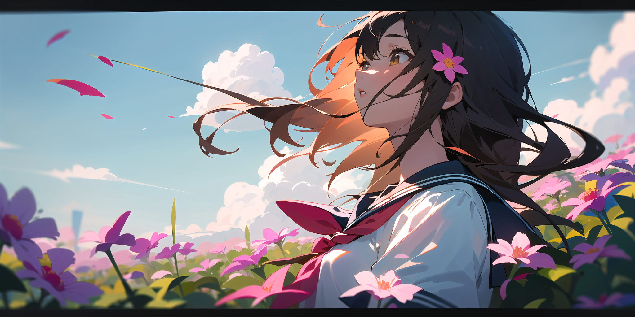 (masterpiece, best quality),1girl, solo, flower, long hair, outdoors, letterboxed, school uniform, day, sky, looking up, s...