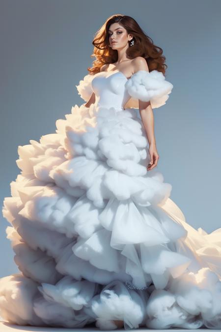 cl0uds, full body, white dress, cloud dress, short/long dress, puffy dress, stormy cloud dress,
