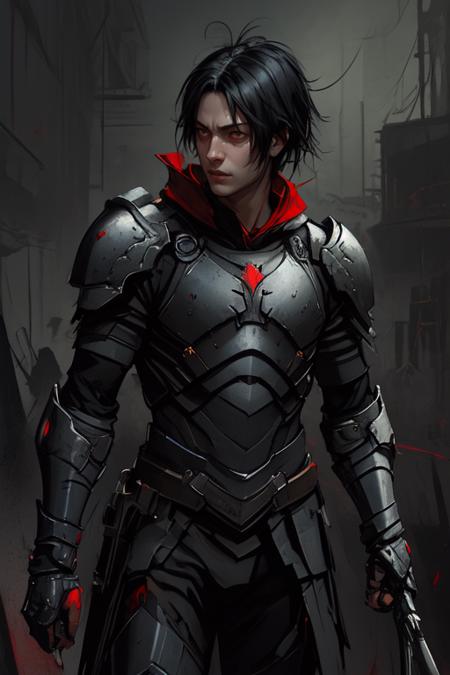 1boy, black hair, red eyes, armor, upper body, impasto by Jeremy Mann