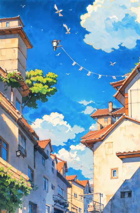 no humans, sky, day, outdoors, scenery, building, blue sky, traditional media, power lines, house, aircraft, window, painting (medium), lamppost, cloud, bird, best quality  <lora:watercolor imagerya:0.75>