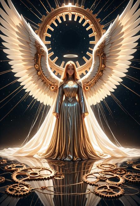 g3ars, best artist, best shadows, best lighting, best textures, masterpiece, 
Beautiful angel with majestic wings made out of gears, flowing silk robes, subtle shading, halo, surrounded by subtle glow, cosmic surreal, godrays, lensflare, 
magicNpolished, shiny, polished, reflection, glowing, light