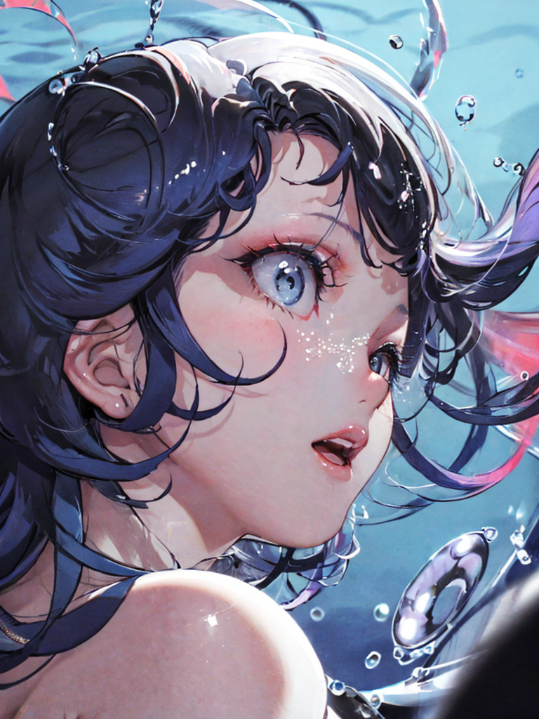 yoneyama_mai__1girl__solo__long_hair__looking_at_viewer__open_mouth__bangs__blue_eyes__black_hair__bare_shoulders__blue_hair__parted_lips__water__blurry__from_side__eyelashes__profile___2989388109.png