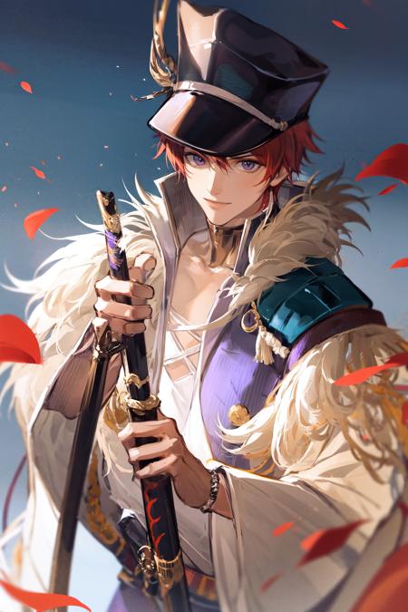 masterpiece, best quality, extremely detailed, detailed background, detailed face, parted bangs, weapon, sword, solo, red hair, purple eyes, male focus, 1boy, looking at viewer, smile, hat, katana, fur trim, holding, japanese clothes, sheath, sheathed, outdoors, long sleeves, holding weapon, short hair, petals, sky, day, pom pom (clothes), holding sword