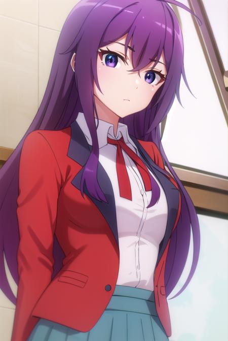 karenkannazuki, <lora:karen kannazuki s2-lora-nochekaiser:1>,
karen kannazuki, long hair, (purple eyes:1.1), purple hair, ahoge,
BREAK skirt, school uniform, blazer, (red blazer:1.5), shirt, white shirt, collared shirt, ribbon, blue ribbon,
BREAK indoors, classroom,
BREAK looking at viewer,
BREAK <lyco:GoodHands-beta2:1>, (masterpiece:1.2), best quality, high resolution, unity 8k wallpaper, (illustration:0.8), (beautiful detailed eyes:1.6), extremely detailed face, perfect lighting, extremely detailed CG, (perfect hands, perfect anatomy),