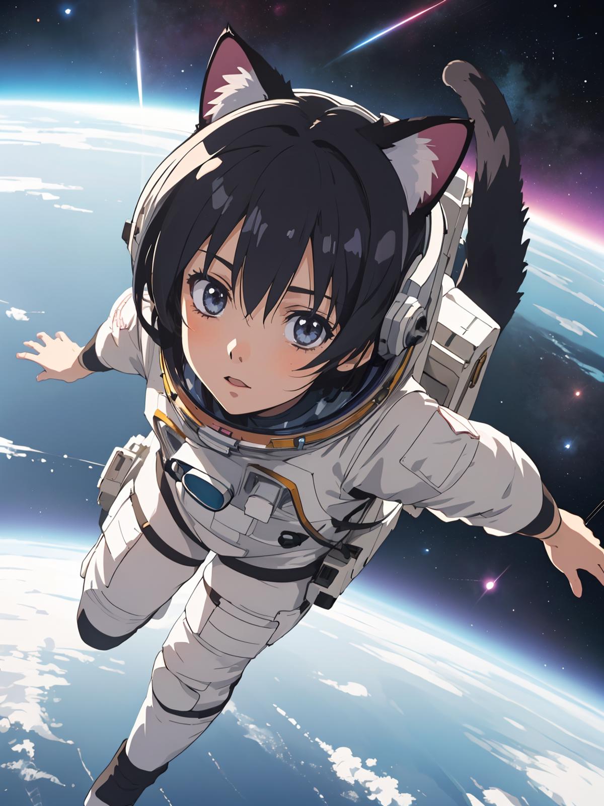 Anime-style cartoon of a woman in a white spacesuit with blue eyes, floating through space.