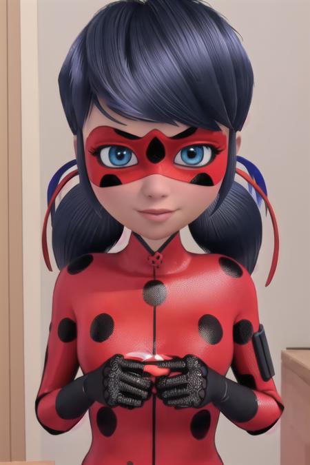 (8k, RAW photo, best quality, masterpiece:1.2), (intricate details), perfect eyes, perfect face, perfect lighting, beautiful, (masterpiece:1.2), (best quality:1.2), 1girl, solo, marinette, ladybug, blue hair, ponytails, red and black mask, lady bug outfit, <lora:marinette-10:0.9>