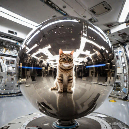 Photo of a cat on top of a polished metal sphere floating inside a space station, mirrored imagery