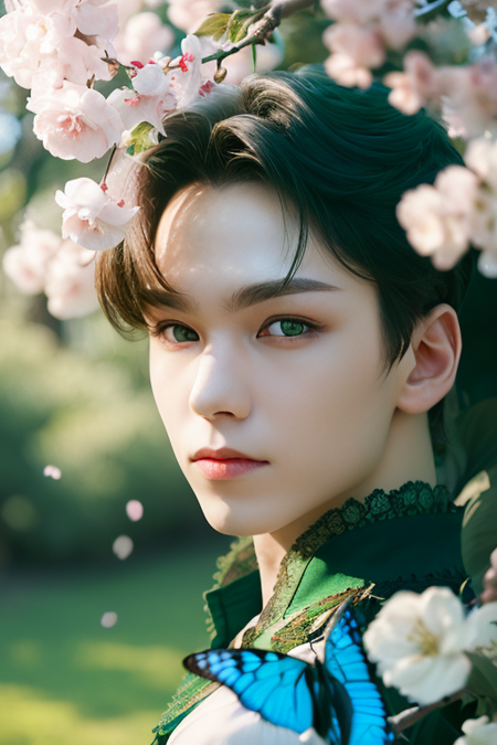 1boy,(alluring fairy, up close,looking at viewer:1.2) 8k, intricate, elegant, highly detailed, green eyes, majestic, digital photography, (masterpiece, sidelighting, finely detailed beautiful green eyes: 1.0), hdr, blurry, blurry foreground, blurry background, branch, cherry blossoms, depth of field, motion blur, photo_background, solo, tree, vibrant details, luxurious, absurdres, incredibly absurdres, (realistic, photo-realistic:1), finely detail, best quality, lace, hyperrealistic, anatomical, elegant, blue butterfly