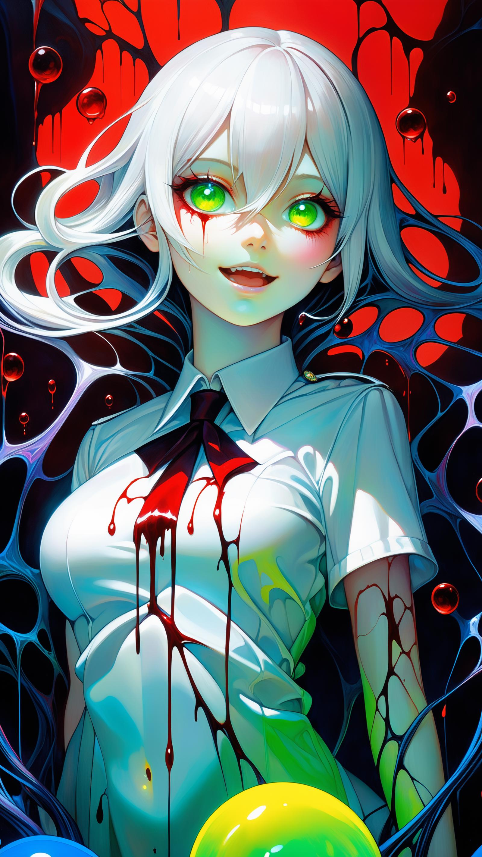 A woman with green eyes and a black tie is dripping blood and surrounded by spiderwebs.