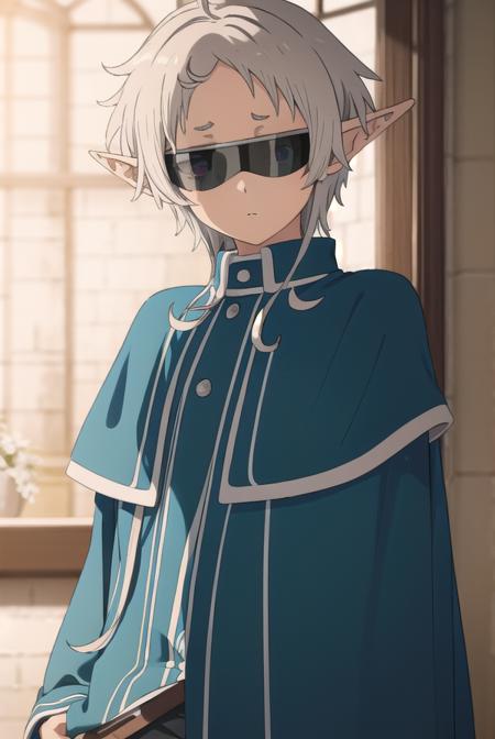 sylphy, <lora:sylphys2-lora-nochekaiser:1>, 
sylphy, short hair, ahoge, white hair, pointy ears, (sunglasses:1.5), elf,
BREAK pants, capelet, black pants, cape,
BREAK indoors, library,
BREAK looking at viewer, (cowboy shot:1.5), 
BREAK <lyco:GoodHands-beta2:1>, (masterpiece:1.2), best quality, high resolution, unity 8k wallpaper, (illustration:0.8), (beautiful detailed eyes:1.6), extremely detailed face, perfect lighting, extremely detailed CG, (perfect hands, perfect anatomy),