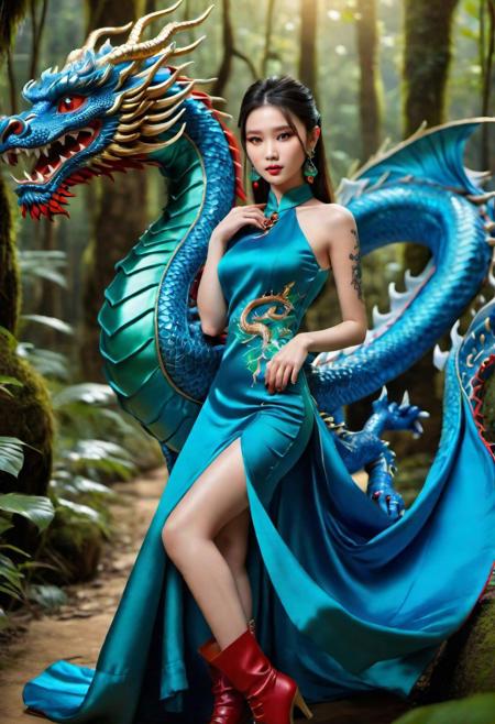 1girl, 1 thin nose, azure blue silk dress, sparkling emerald green eyes, red earrings in small balls, an Asian dragon tattooed on the arm and the neck, green high-heeled boots on the feet, riding on a flying asian golden dragon in a fantastic forest