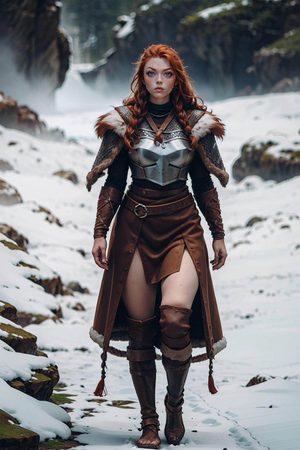 A woman wearing a warrior costume walking through the snow.