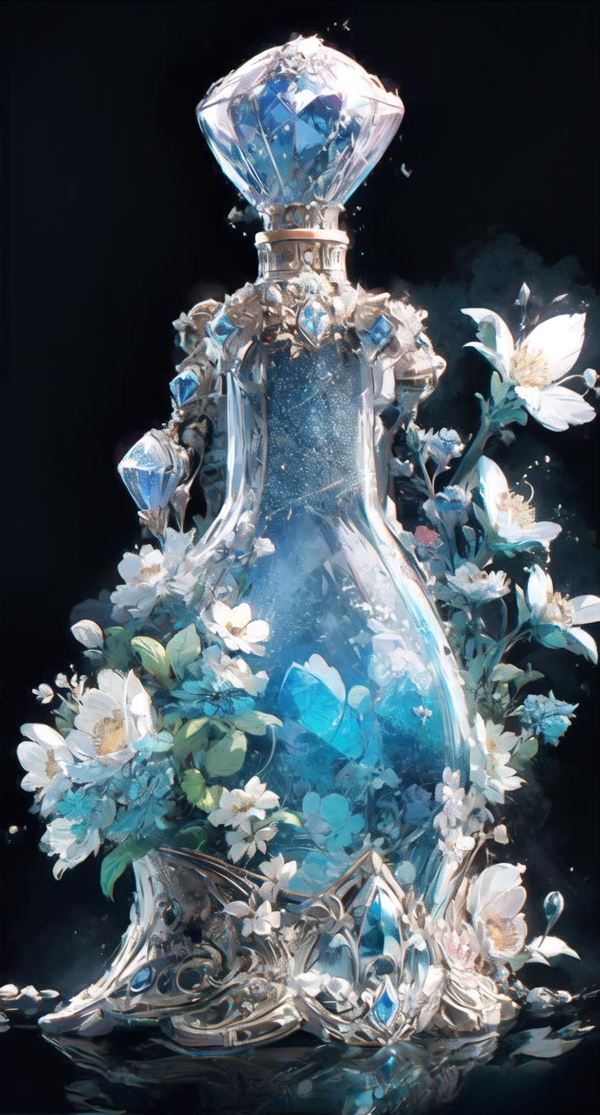 A beautifully painted bottle with white flowers and blue elements.