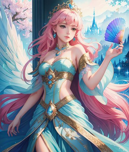 a photography, HD,, photo, woman, beautiful dress ornate, in the style of stefan kostic, realistic, half body shot, sharp focus, 8 k high definition, insanely detailed, intricate, elegant, art by stanley lau and artgerm, extreme blur flames background, Princess girl with wing, Blue, Pastel, glitter, dramatic, dreamy, pastel, Watercolor, Whimsical, Delicate, seashell crown, Trending on Artstation, Highly detailed, Intricate, Portrait, digital painting, Fantasy theme, Fantasy robes, Fantasy concept art, Fantasy character art, Smug, Teenage girl, perfect body, full body, dreamy, pastel, Watercolor, Whimsical, Delicate, seashell crown masterpiece,